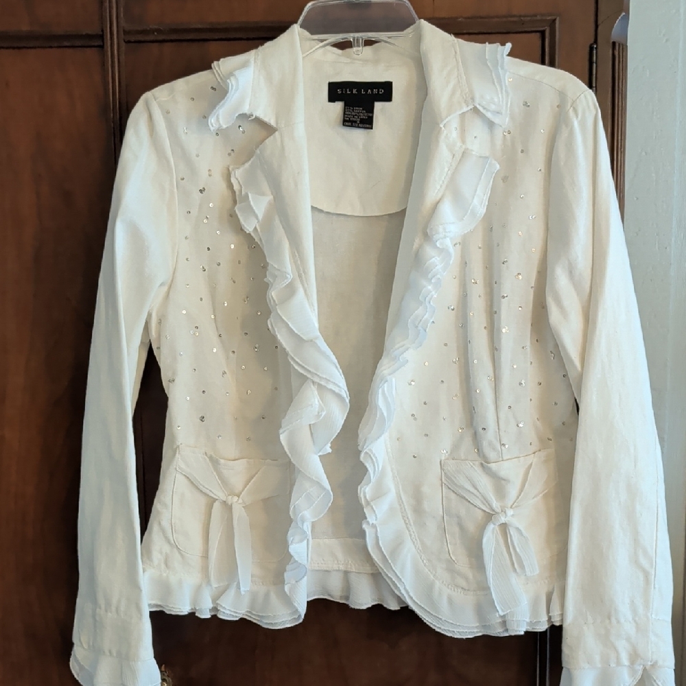 SilkLand Women's Elegant White Ruffled Blazer
